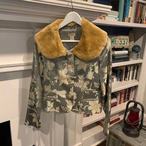 Anthropologie Silk Jacket w Removable Faux-Fur Collar